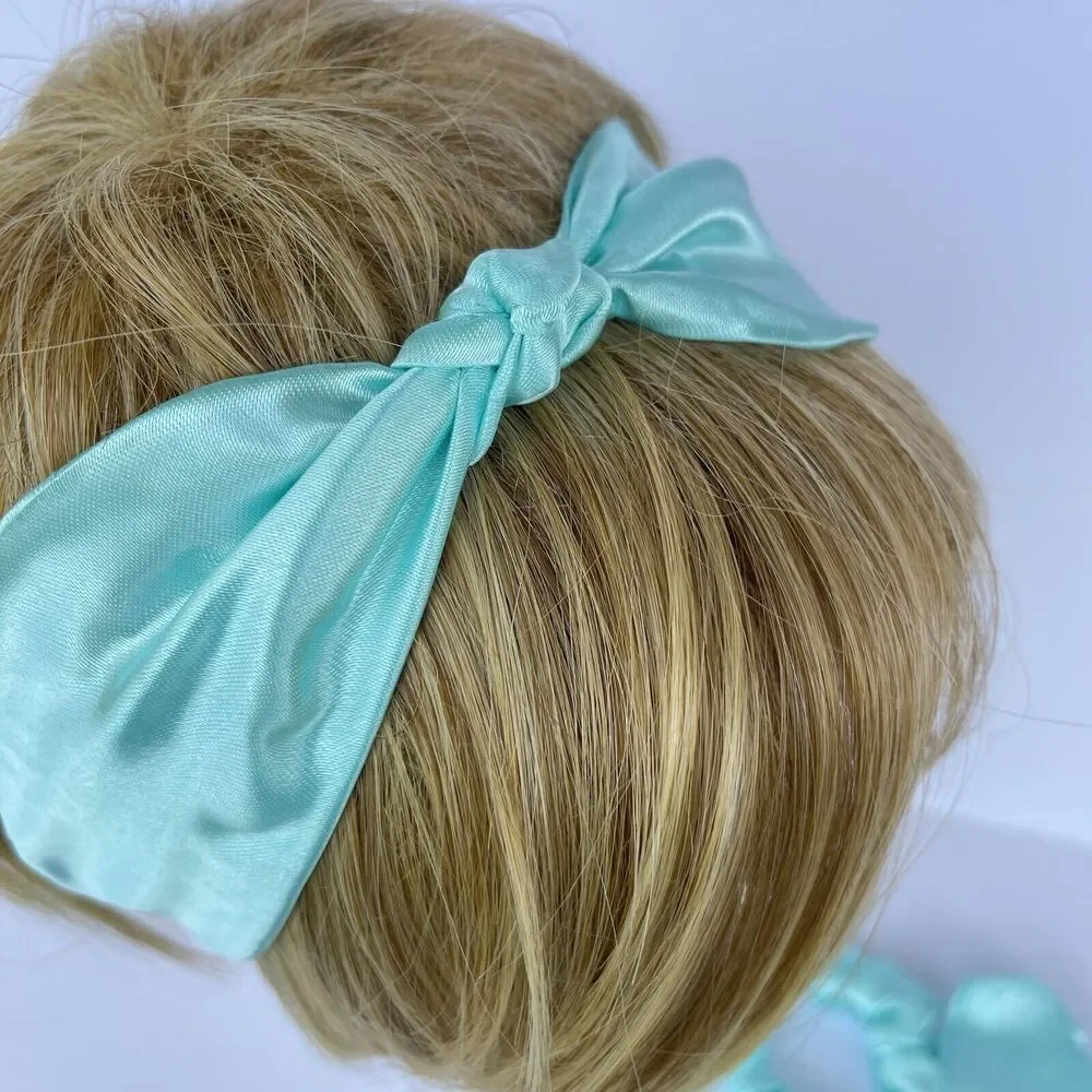 2 New Bow Headband Hair Tie Blue Satin